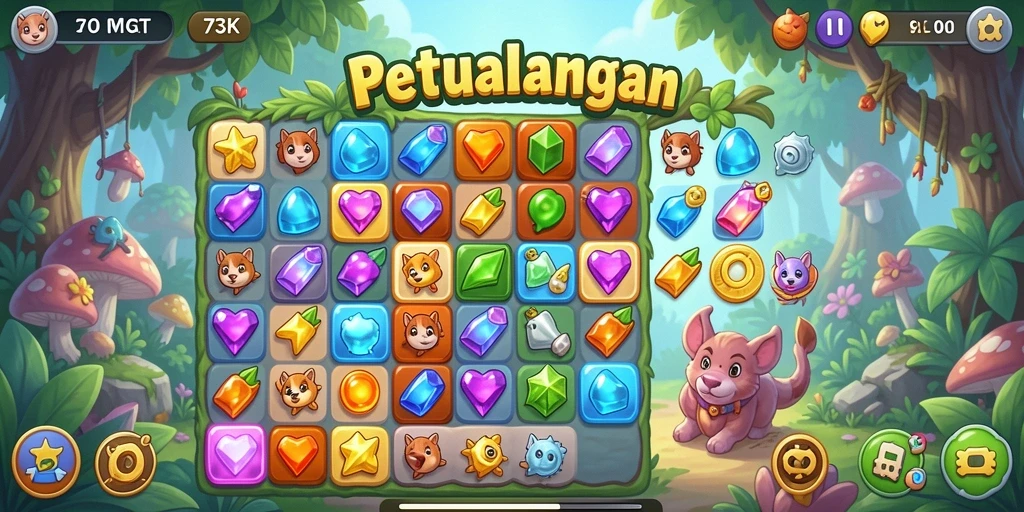 Tampilan gameplay seru di 73K, cocok untuk penggemar Match-3.