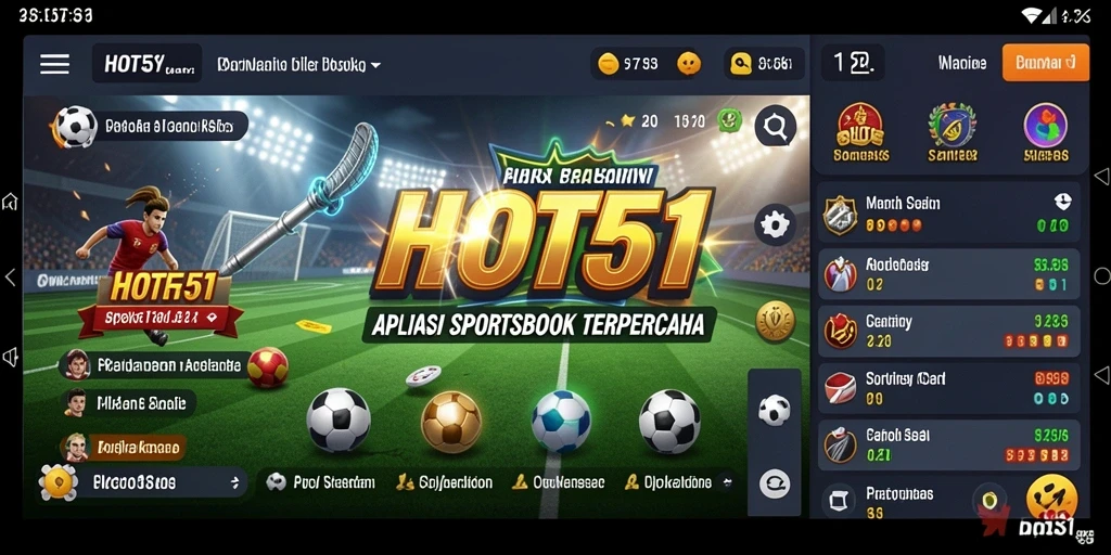 Screenshot HOT51 menampilkan antarmuka aplikasi Sportsbook yang modern dan interaktif.