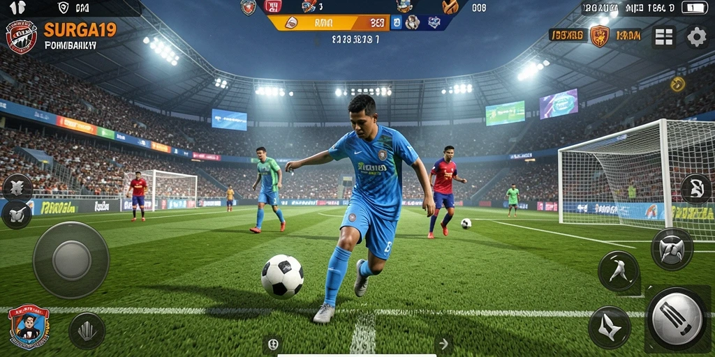 Gameplay SURGA19 yang seru dan menegangkan saat bermain sepak bola.