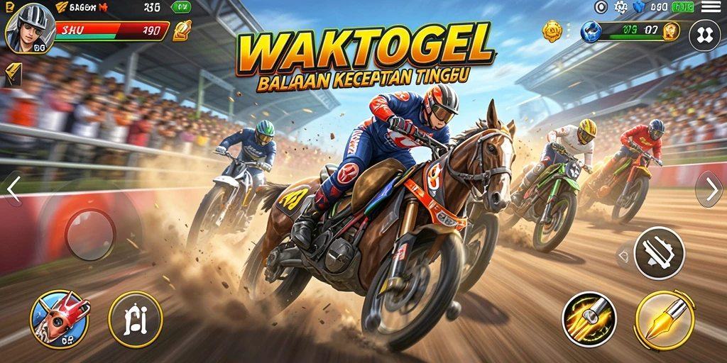 Screenshot gameplay WAKTOGEL menampilkan balapan penuh aksi dan kendaraan berkecepatan tinggi.